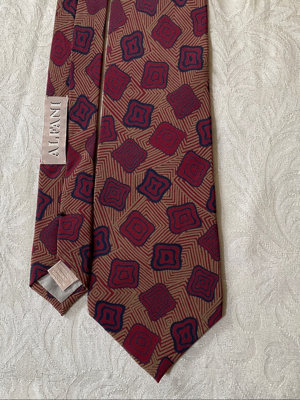 Alfani silk Tie made in Italy with Burgundy and Navy Geometric Squares